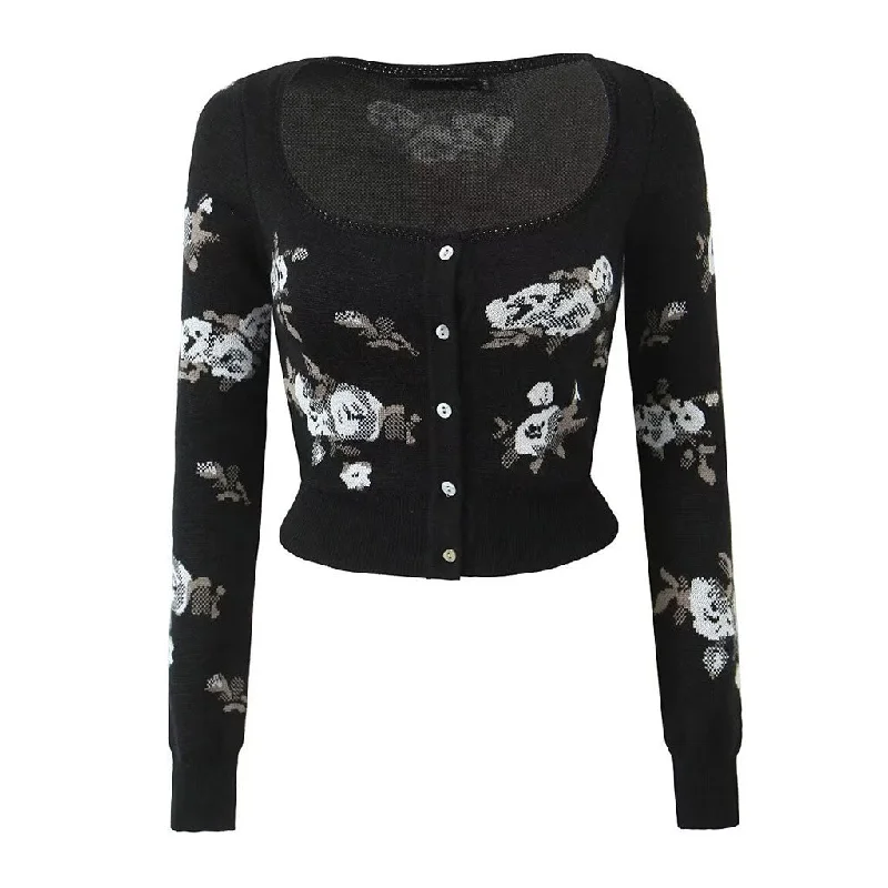 ribbed women cardigan with a classic textureElegant Floral Print Scoop Neck Button Up Long Sleeve Crop Knit Cardigan