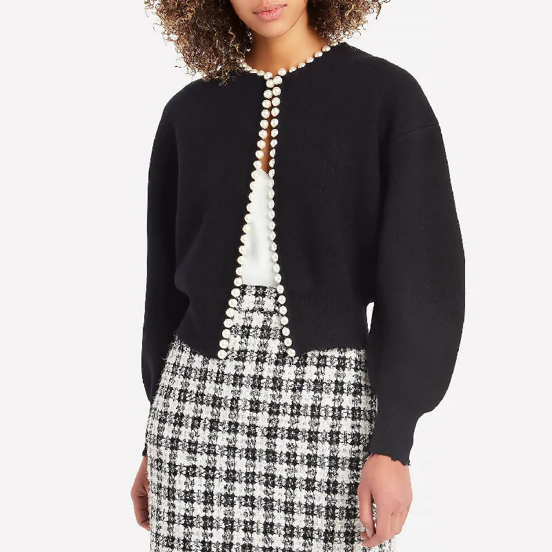 long length women cardigan with side slitsElegant Black Imitation Pearl Distressed Trim Crew Neck Cropped Cardigan