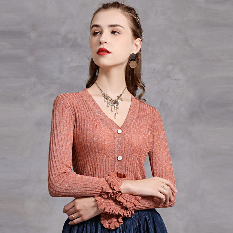 machine washable women cardigan for easy careElegant Orange Ruffled Trim Long Sleeve V Neck Button Up Rib Knit Cardigan