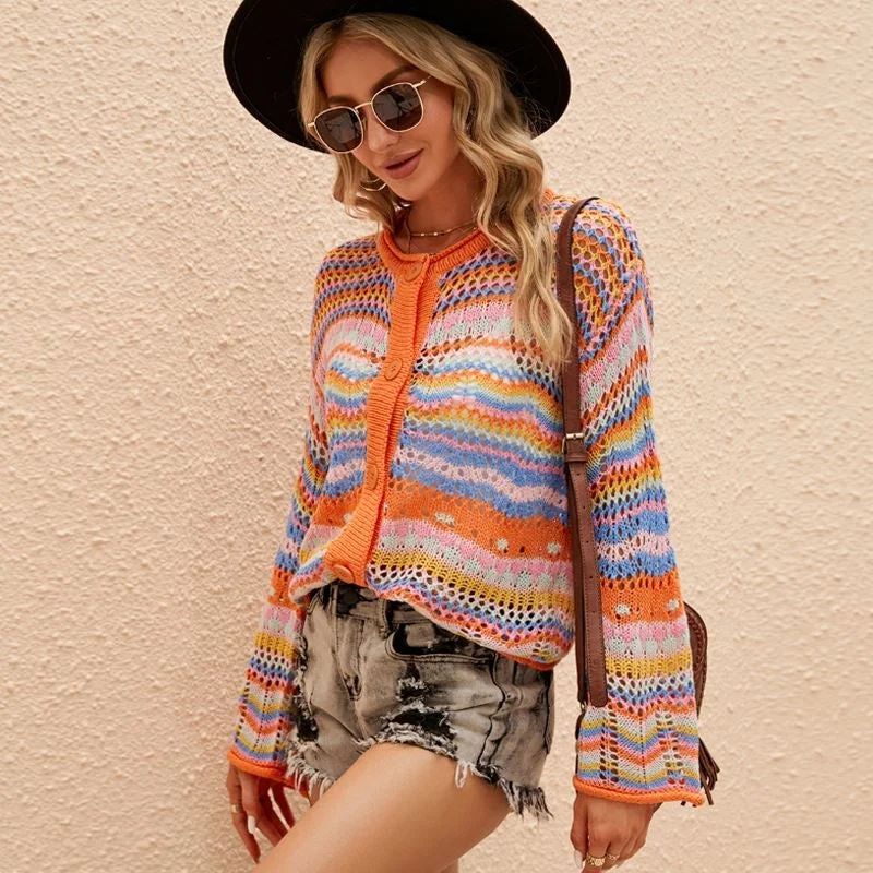 button down women cardigan with vintage buttonsElegant Versatile Top Long Sleeve Rainbow Striped Sweater Loose Round Neck Hollow Out Cardigan