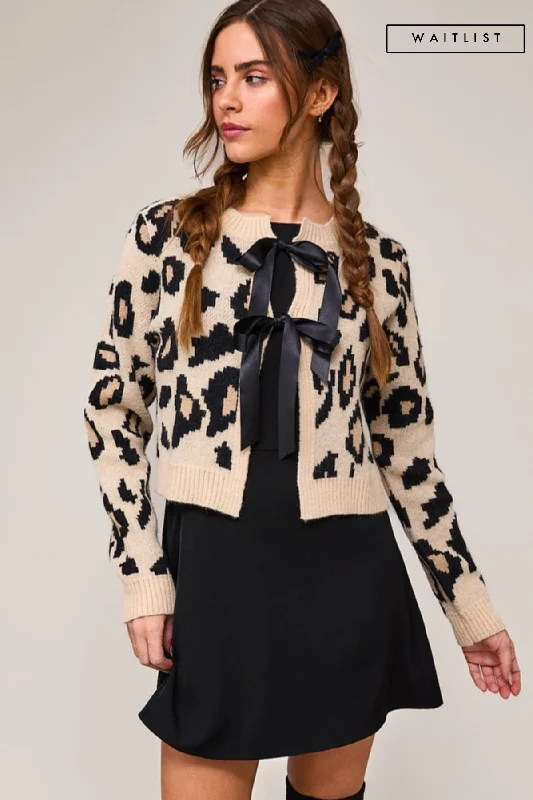 long length women cardigan with side slitsWaitlist 1/4 ♥ Erin Long Sleeve Bow Tie Leopard Print Cardigan Taupe