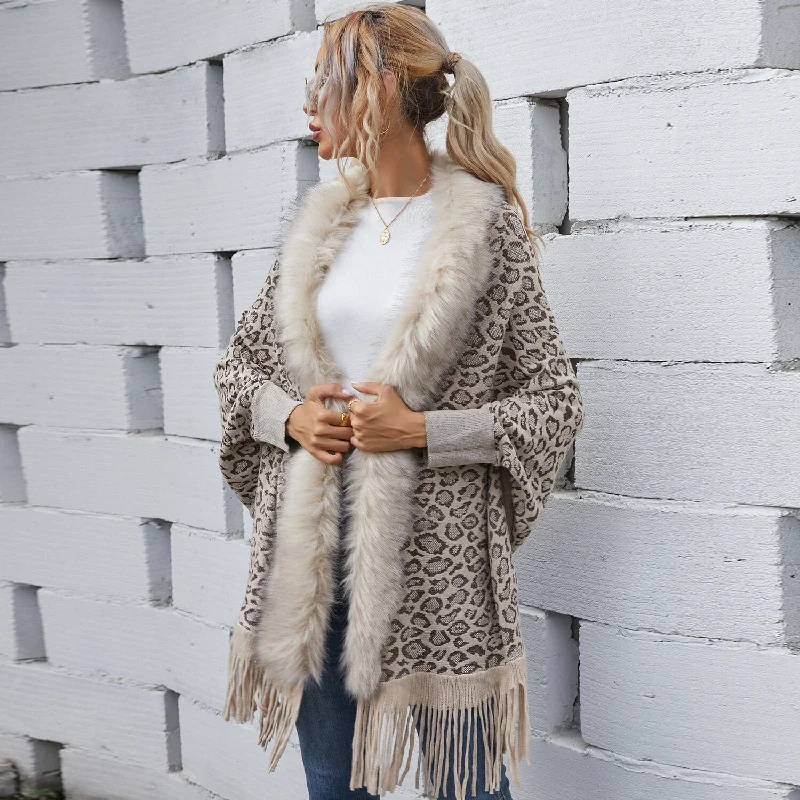 button down women cardigan with vintage buttonsFluffy Faux Fur Collarless Batwing Sleeve Fringe Hem Leopard Knit Shawl Cardigan
