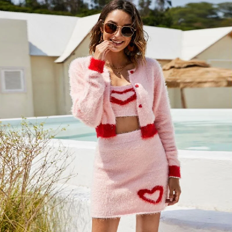 plus size women cardigan for comfortable layeringFluffy Pink Heart Motif Eyelash Knit Bra Top And Crop Cardigan Matching Set
