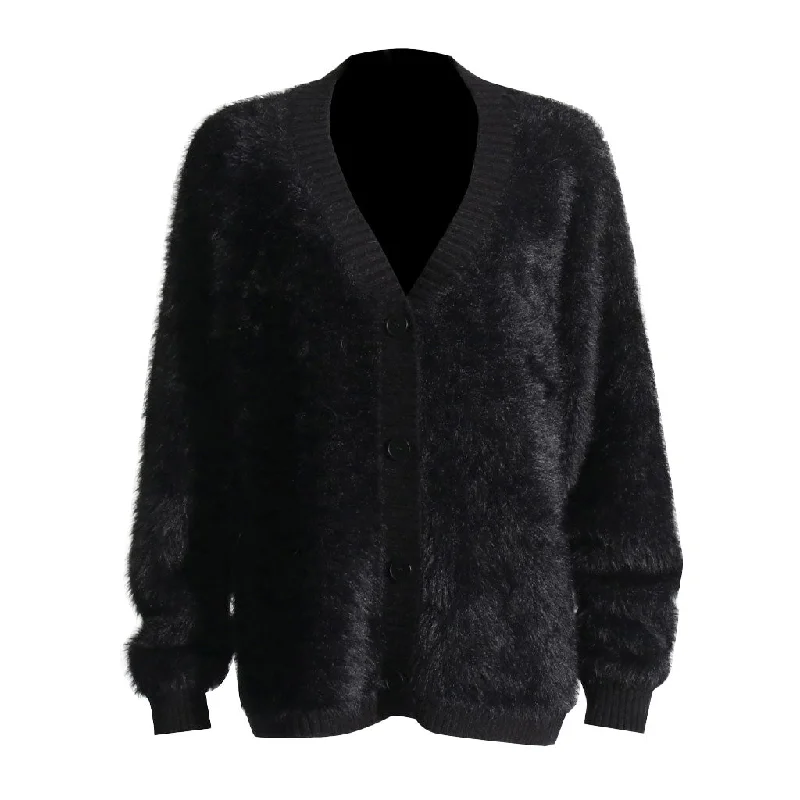 plus size women cardigan for comfortable layeringFluffy Texture Ribbed Knit V Neck Button Up Long Sleeve Oversized Cardigan