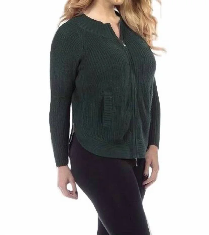 hand knitted women cardigan with artisanal charmFront & Side-Zip Cardigan In Hunter