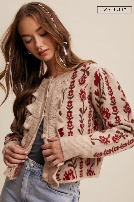 sequin embellished women cardigan for special occasionsWaitlist 12/18 ♥ Gabby Long Sleeve Button Down Floral Print Knit Cardigan Taupe