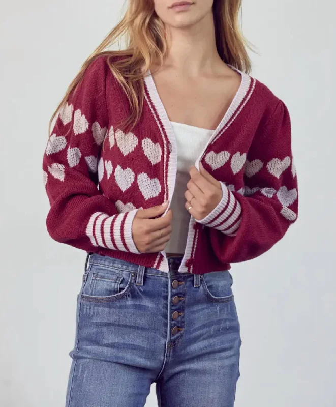 button down women cardigan with vintage buttonsHeart Button-Front Cardigan In Burgundy Lavender Combo