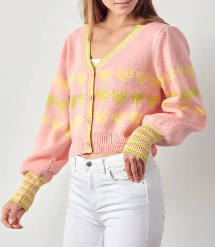 hooded women cardigan for added warmth and styleHeart Button-Front Cardigan In Pink Sage Combo