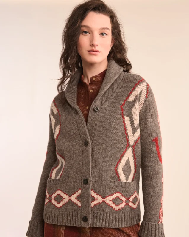 hand knitted women cardigan with artisanal charmHeritage Cardigan<br>Brown Mix Multi
