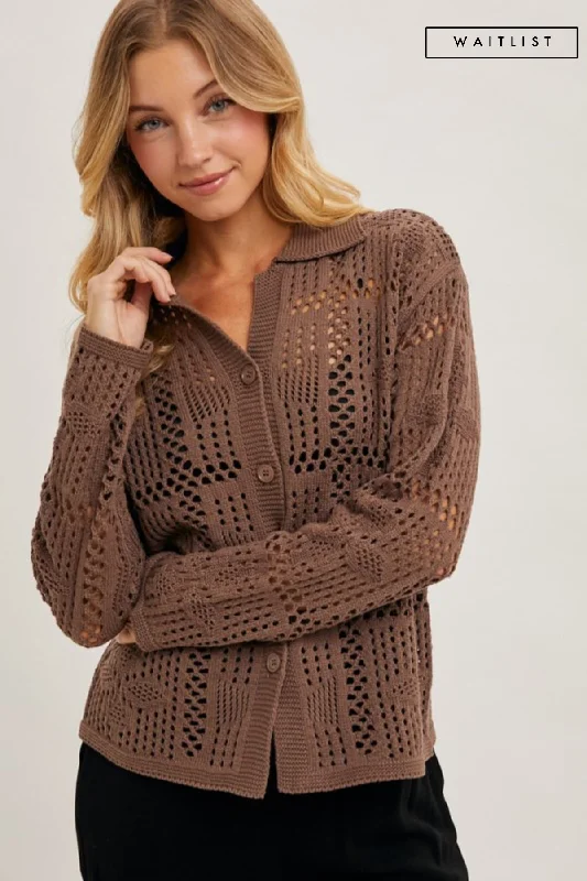open front women cardigan for easy stylingWaitlist 12/24 ♥ Jacie Long Sleeve Button Down Crochet Cardigan Top Brown