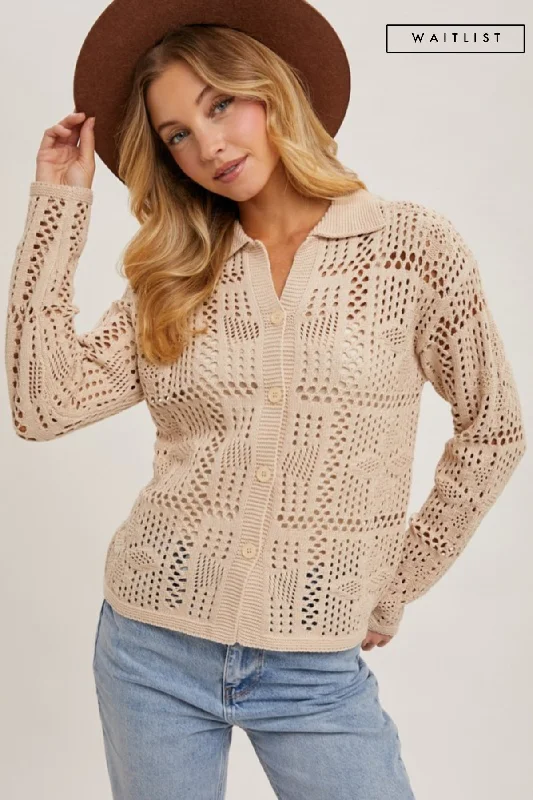 sequin embellished women cardigan for special occasionsWaitlist 12/24 ♥ Jacie Long Sleeve Button Down Crochet Cardigan Top Natural