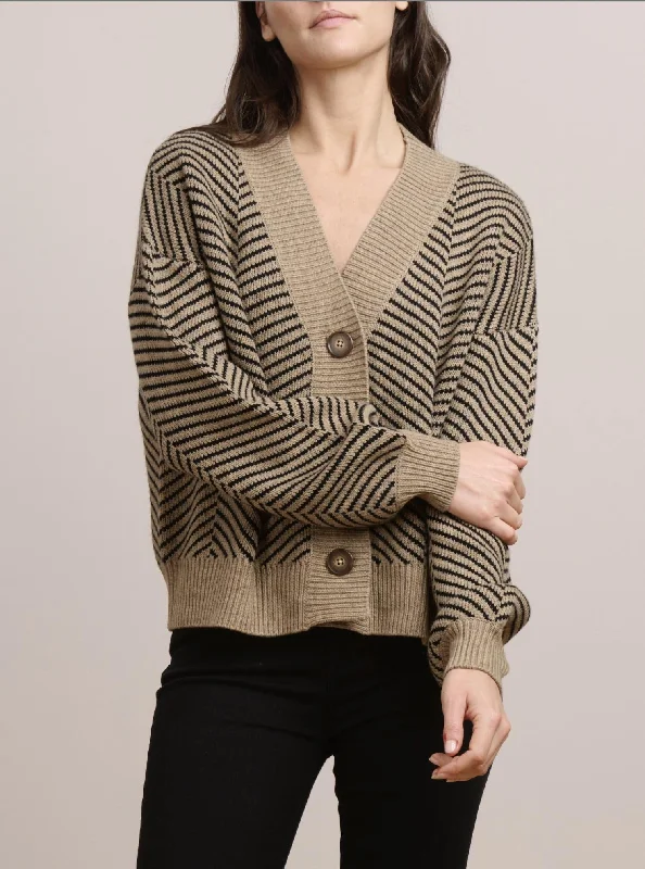 cashmere blend women cardigan for a luxurious feelKendall Striped Cardigan In Black/camel Heather