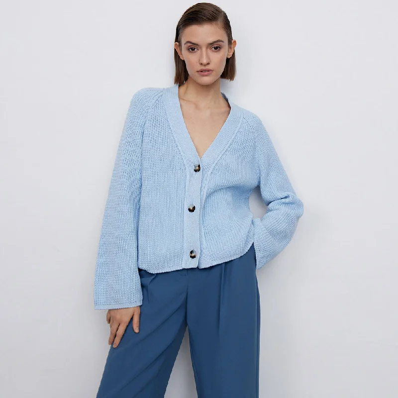 machine washable women cardigan for easy careLaid Back V Neck Button Up Long Sleeve Textured Cardigan