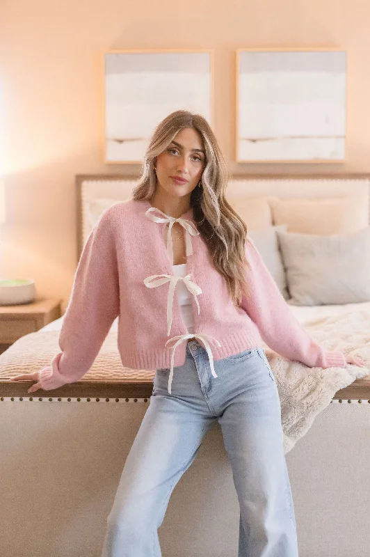 cable knit women cardigan with intricate patternsLara Long Sleeve Satin Bow Tie Knit Cardigan Pink