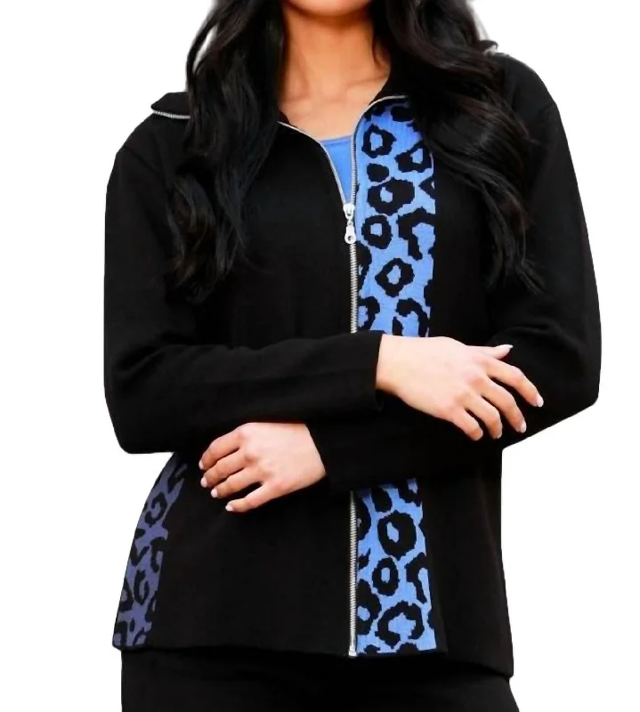 floral print women cardigan for a feminine touchLeopard Zip Cardigan In Black/periwinkle