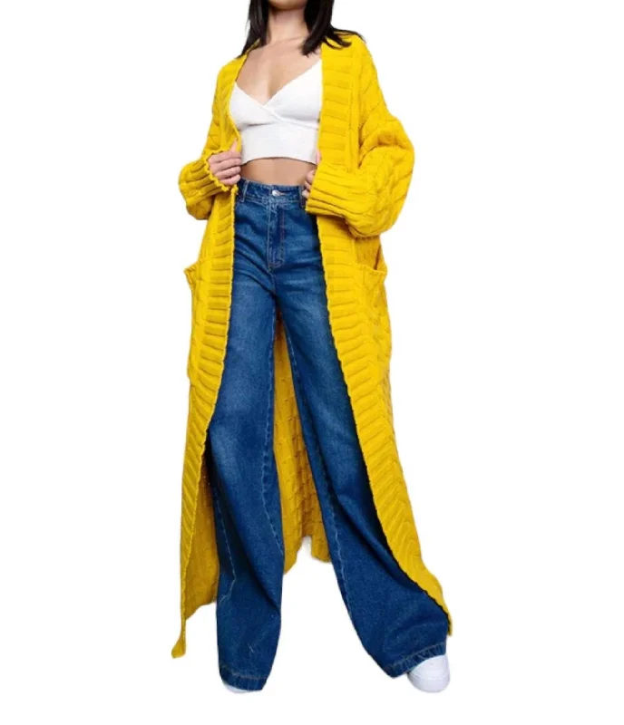 color block women cardigan with bold huesLong Cable Knit Cardigan Sweater In Yellow