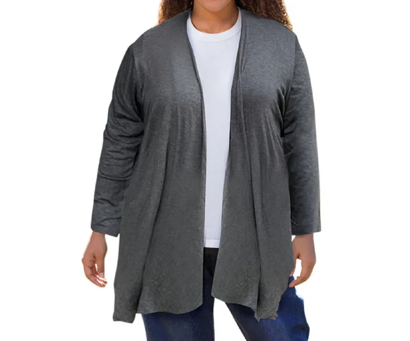 machine washable women cardigan for easy careLong Sleeve Draped Cardigan - Plus In Heather Grey