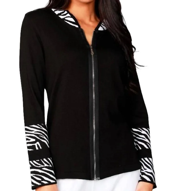 hand knitted women cardigan with artisanal charmLong Sleeve Zip Cardigan In Black