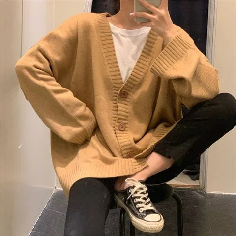 oversized women cardigan for a trendy and cozy lookLOOSE V-NECK RETRO BUTTON KNITTED CARDIGAN SWEATER     S2787