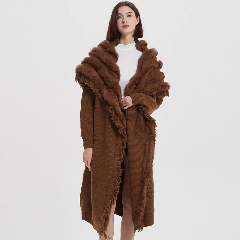 cropped women cardigan to pair with high - waisted jeansLuxury Faux Fur Foldover Collar Long Sleeve Rib Knit Fringe Duster Cardigan