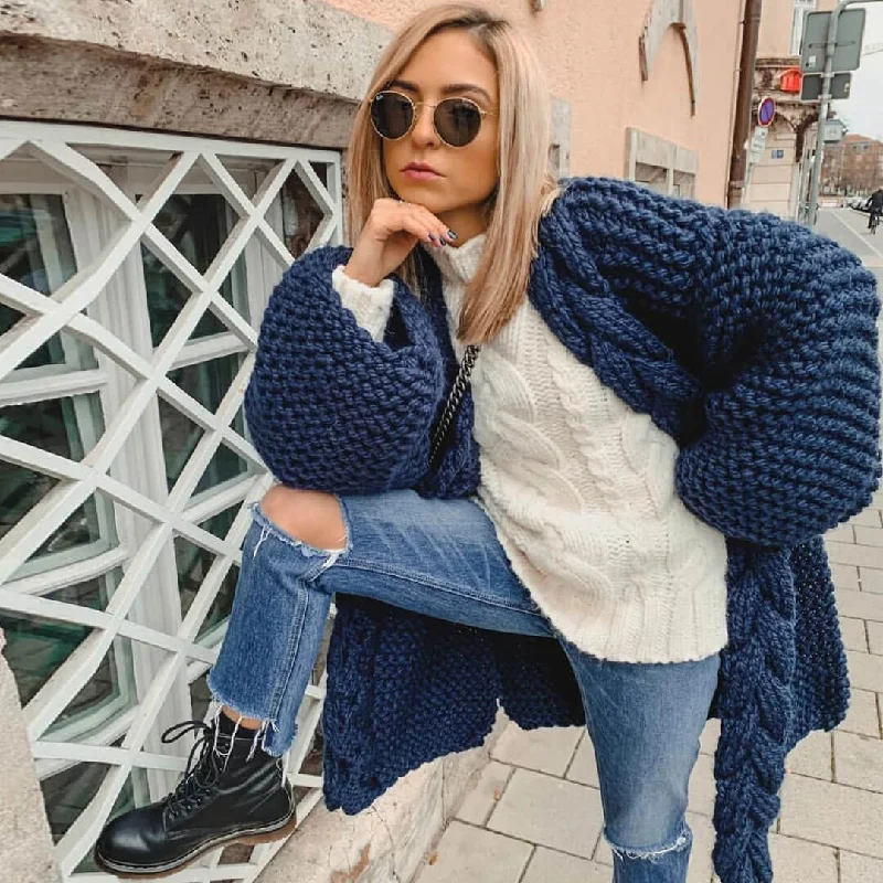 cashmere blend women cardigan for a luxurious feelLuxury Fringed Side Slit Long Sleeve Cable Knit Cardigan - Royal Blue
