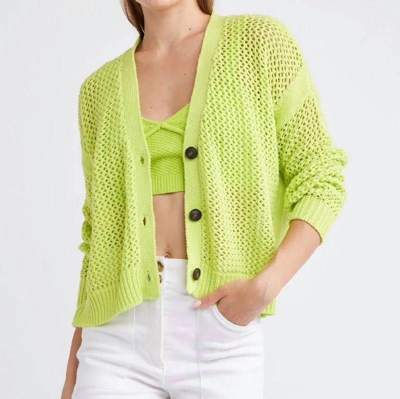 boyfriend style women cardigan for a relaxed fitMaggie Fishnet Cardigan In Citron