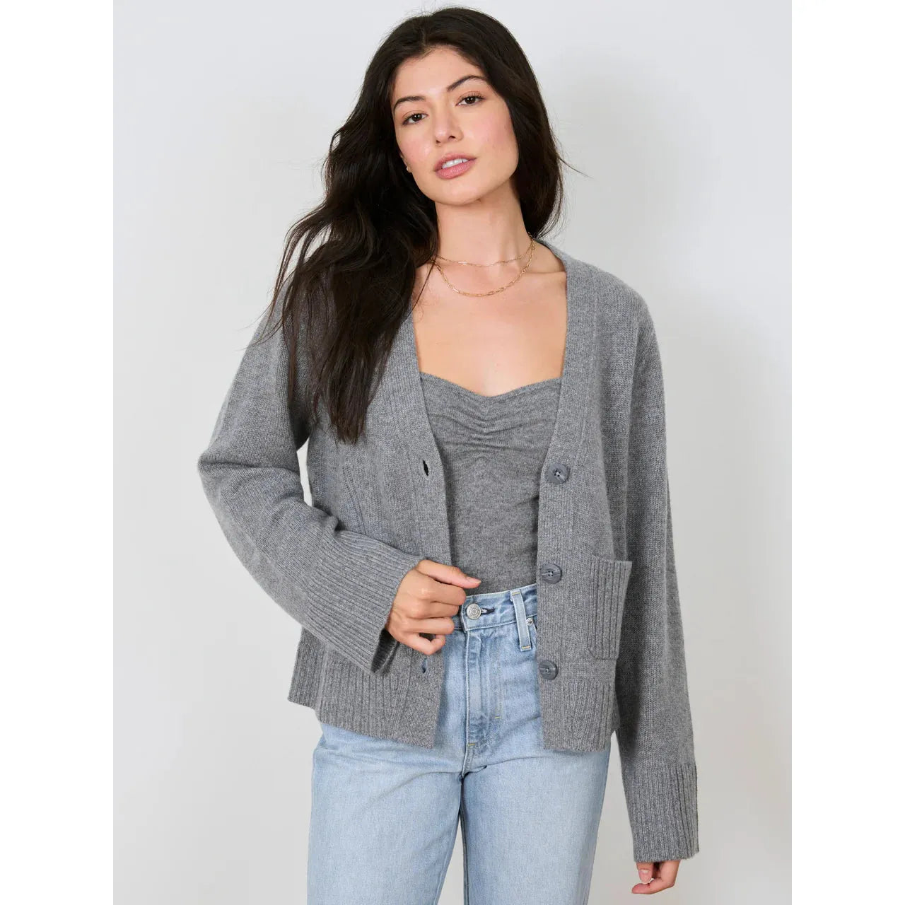 v neck women cardigan to elongate the necklineMargaret O'Leary Larkspur 100% Cashmere Cardigan in Derby