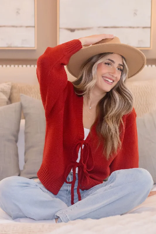 cropped women cardigan to pair with high - waisted jeansMolly Long Sleeve Front Tie Cardigan Sweater Red
