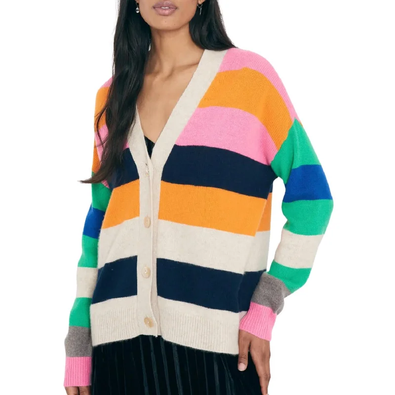 oversized women cardigan for a trendy and cozy lookMulti Stripe Boyfriend Cardigan In Buff