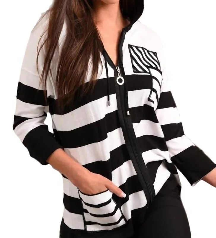 lightweight women cardigan for spring and fallMulti Stripe Sleeve Hooded Cardigan In Black/multi