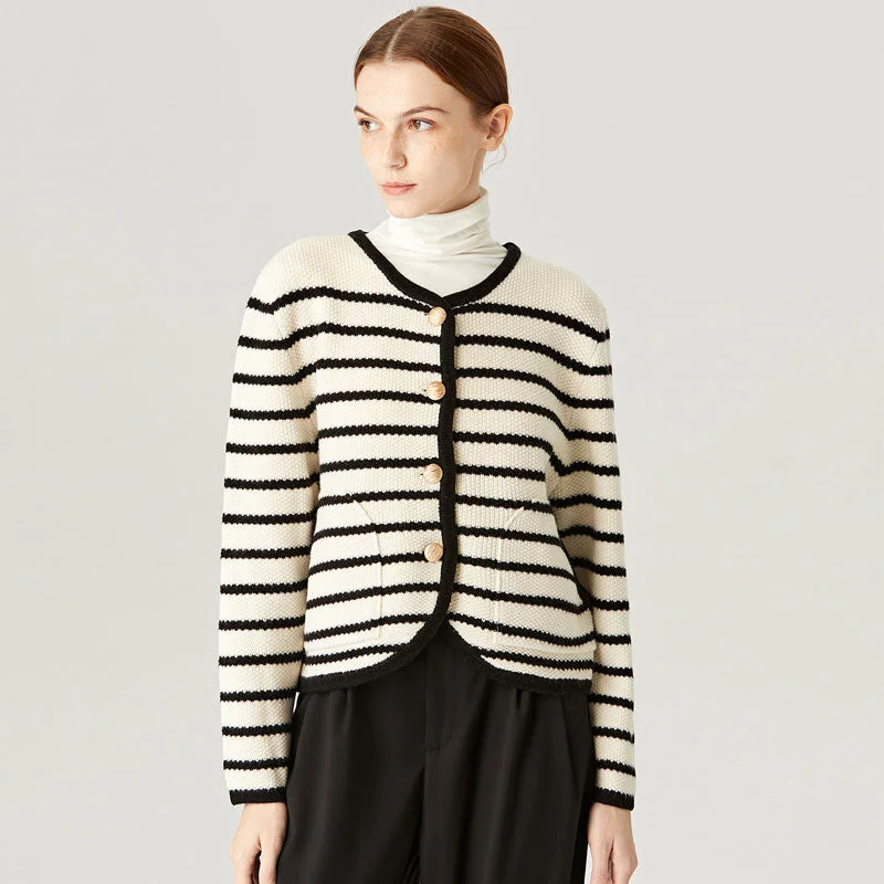 lightweight women cardigan for spring and fallNautical Crew Neck Button Up Wool Blend Black and Beige Striped Cardigan