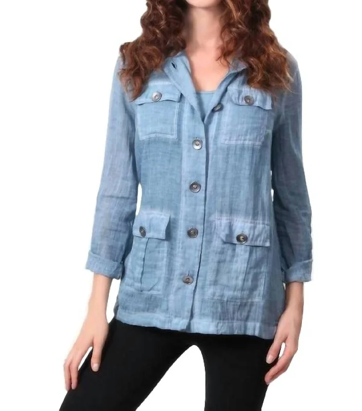 color block women cardigan with bold huesOil Wash Hooded Button-Up Cardigan In Denim
