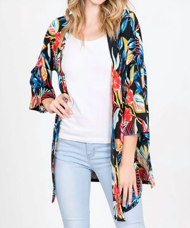 hooded women cardigan for added warmth and styleOpen Cardigan With Side Slit In Tropical Floral