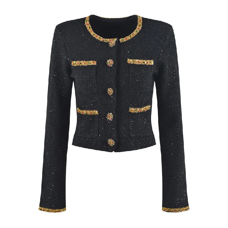 ribbed women cardigan with a classic textureOpulent Crystal Trim Crew Neck Button Up Cropped Wool Knit Sequin Cardigan