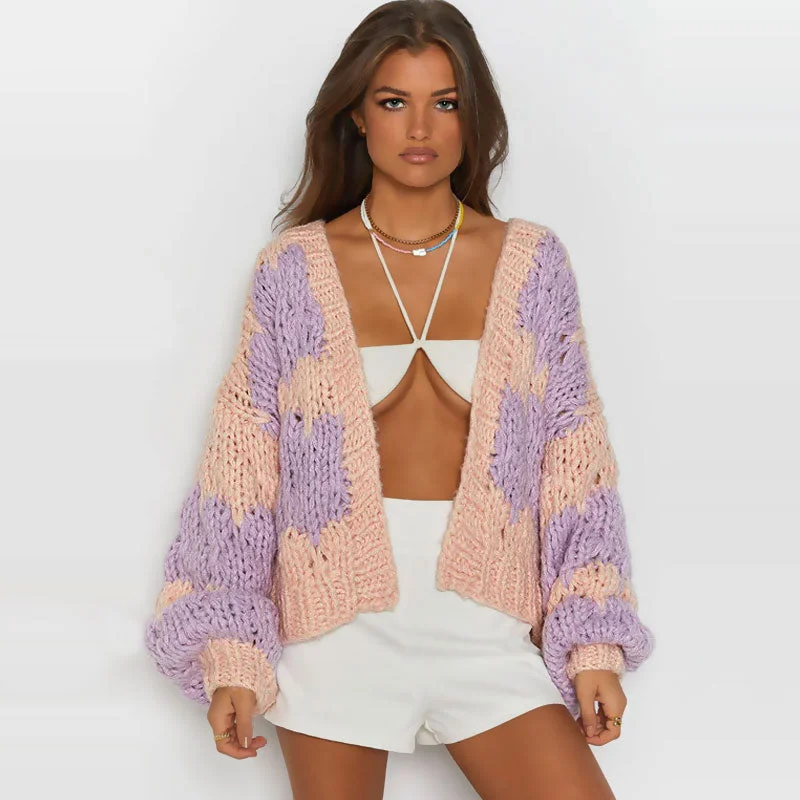 cropped women cardigan to pair with high - waisted jeansOversized Purple Contrast Wavy Striped Balloon Sleeve Chunky Yarn Cardigan
