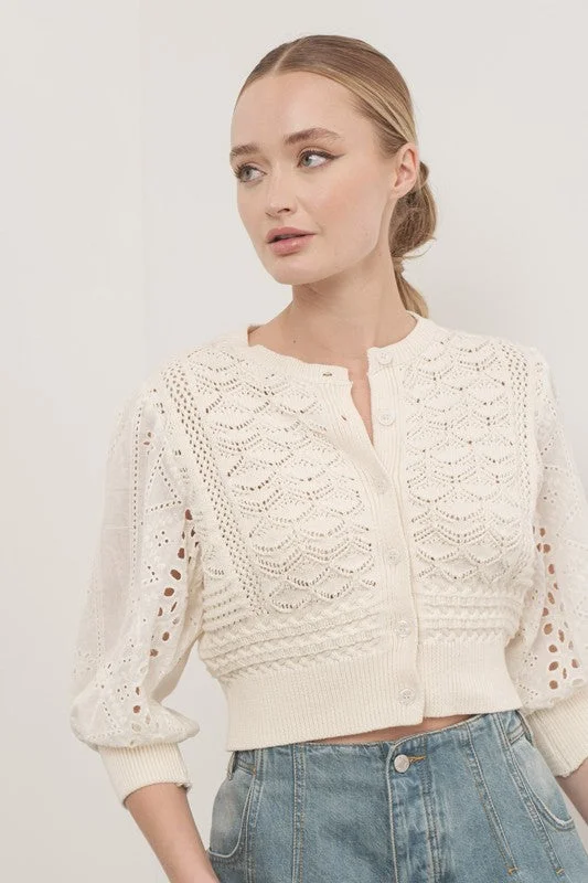 open front women cardigan for easy stylingPaige 3/4 Sleeve Crochet Cardigan Sweater Top Cream
