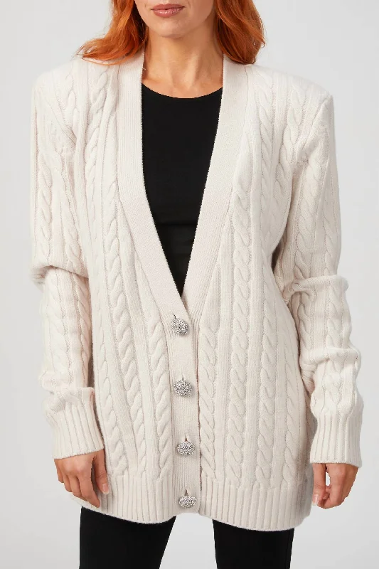 hand knitted women cardigan with artisanal charmParmida Cashmere Knit Cardigan In Light Khaki