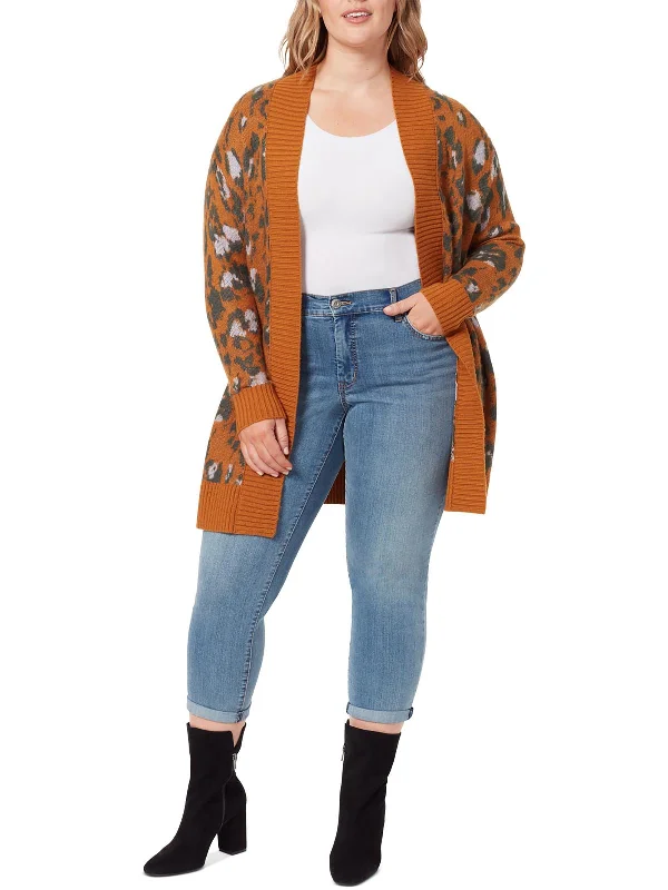 floral print women cardigan for a feminine touchPlus Meghan Womens Open Front Cheetah Print Cardigan Sweater