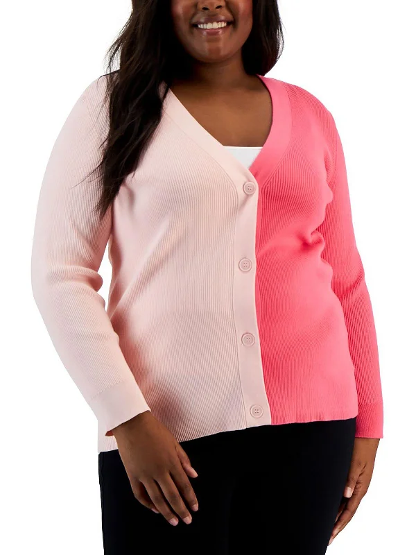 hooded women cardigan for added warmth and stylePlus Womens Colorblock Ribbed Cardigan Sweater