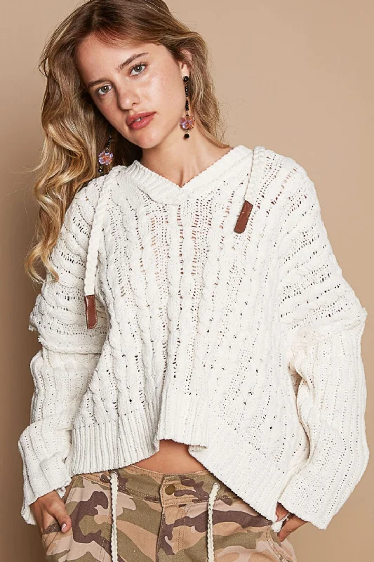 Hot Girl Woven Hooded Cable Knit Sweater In Cream