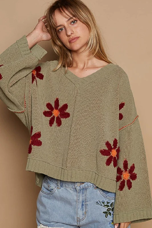 Hot Girl V-Neck Floral Pattern Chenille Sweater In Olive