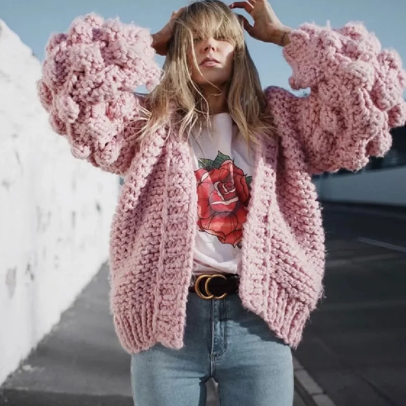sequin embellished women cardigan for special occasionsPom Pom Trimmed Balloon Sleeve Open Front Knit Cardigan - Pink