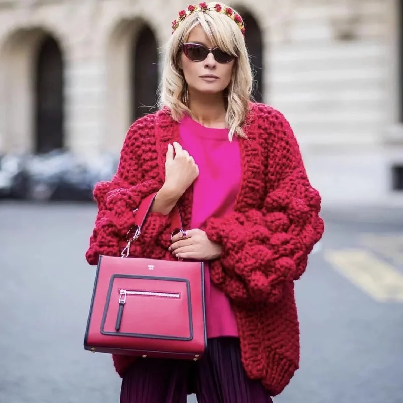v neck women cardigan to elongate the necklinePom Pom Trimmed Balloon Sleeve Open Front Knit Cardigan - Red