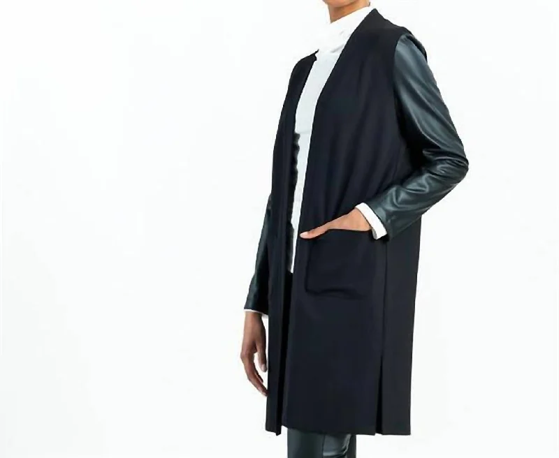 cashmere blend women cardigan for a luxurious feelPonte + Liquid Leather Sleeve Cardigan In Black