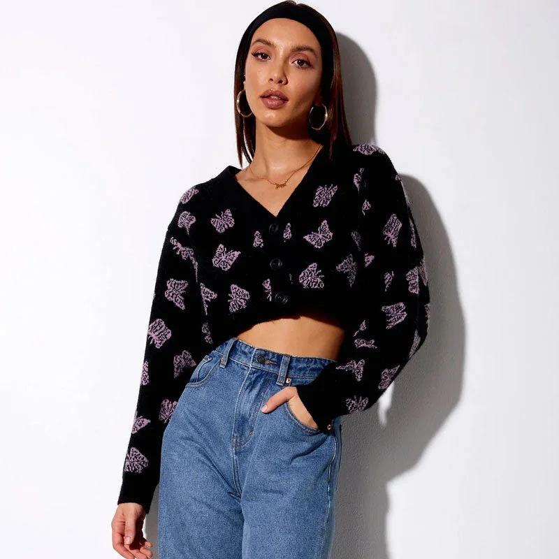 hooded women cardigan for added warmth and stylePretty Butterfly Print V Neck Drop Shoulder Cropped Black Knit Cardigan