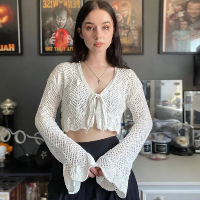 long length women cardigan with side slitsPretty White Flare Sleeve Front Tie Ruffle Crochet Open Knit Crop Cardigan