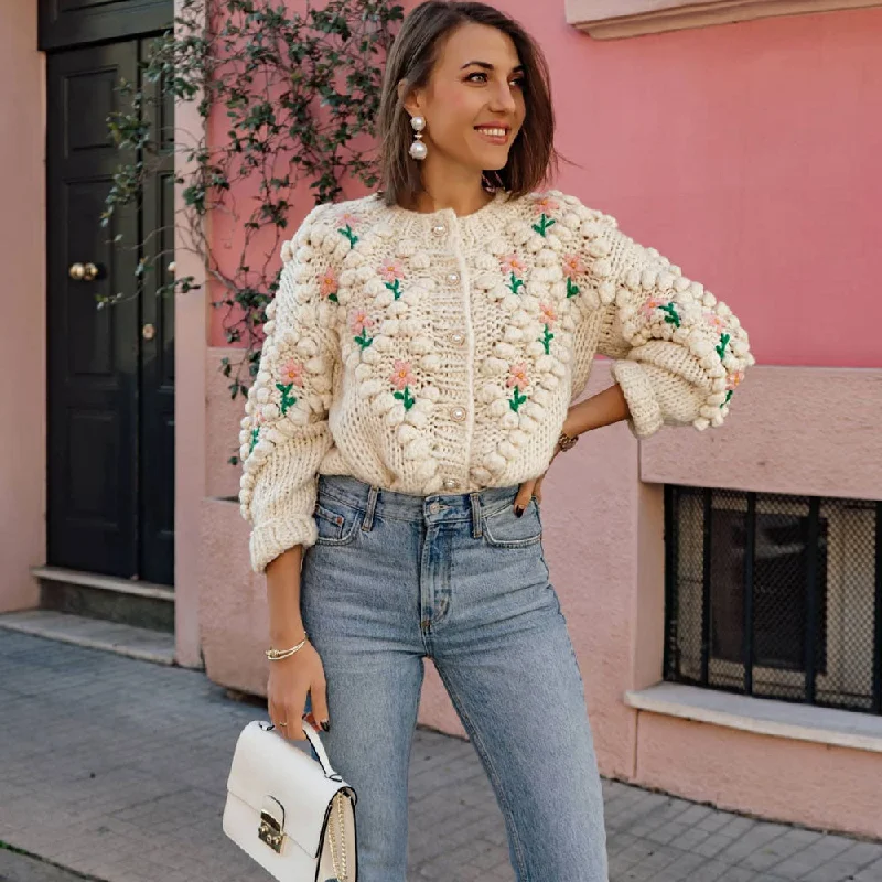 ribbed women cardigan with a classic texturePretty Floral Embroidered Popcorn Chunky Hand Knit Mohair Blend Cardigan