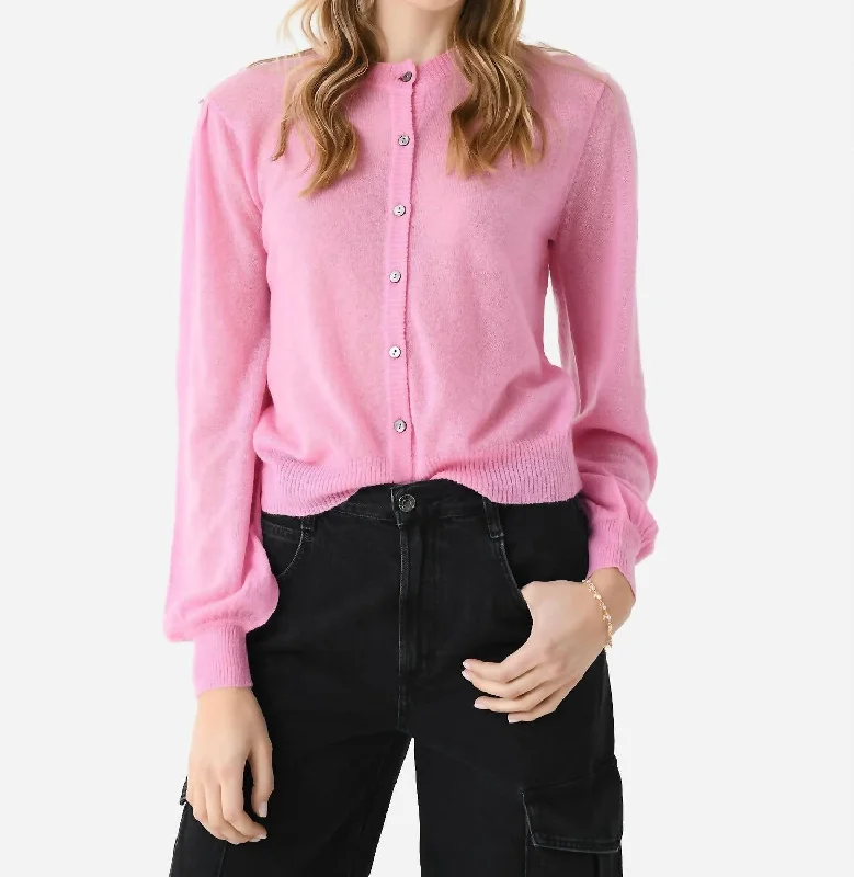 cable knit women cardigan with intricate patternsPuff Sleeve Cardigan In Candy