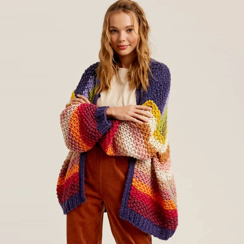 sequin embellished women cardigan for special occasionsRainbow Striped Balloon Sleeve Open Front Chunky Hand Knit Cardigan