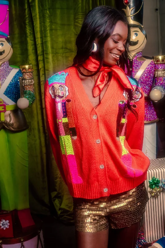 cable knit women cardigan with intricate patternsRed & Neon Nutcracker Cardigan